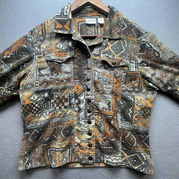 Y2K Chicos Jacket Womens Small Brown Rust Aztec Geometric Corduroy Buttons 90s - Picture 12 of 12